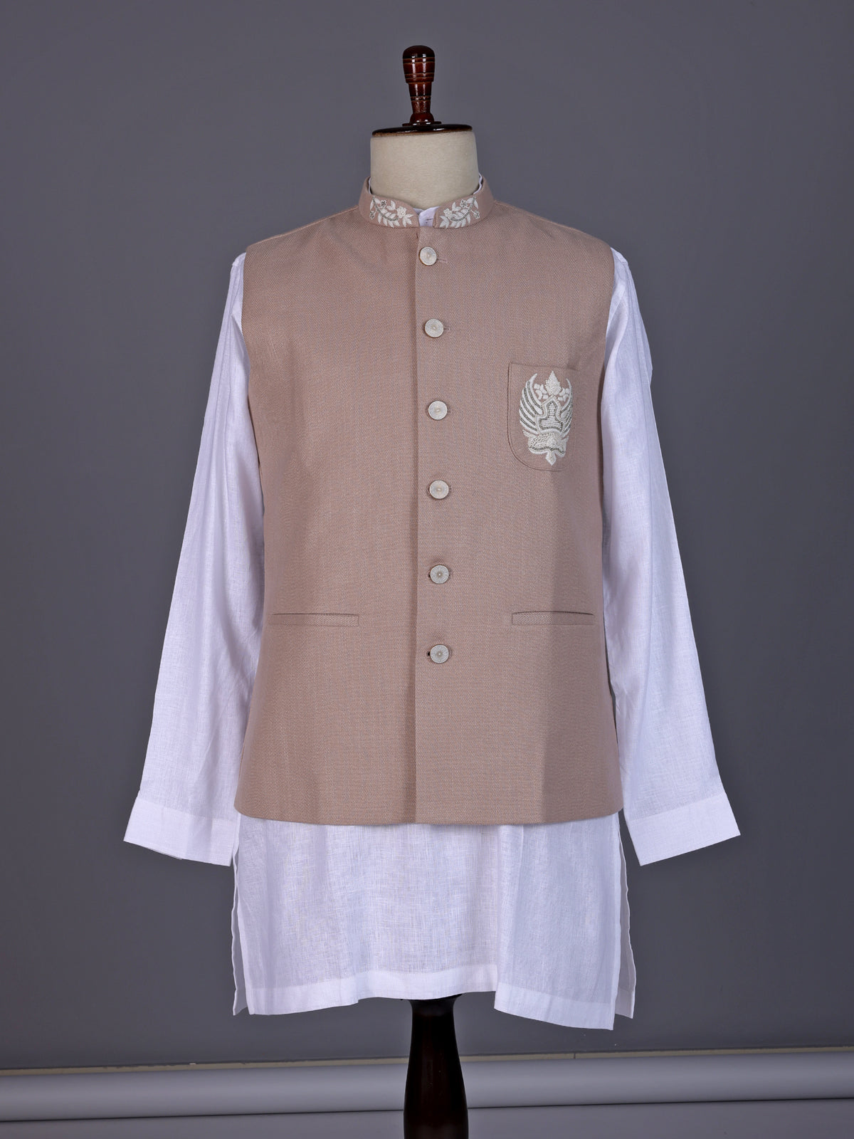 Onion pink and white textured cotton-silk waistcoat set for mens celebrations