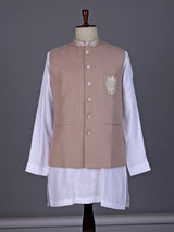 Onion pink and white textured cotton-silk waistcoat set for mens celebrations