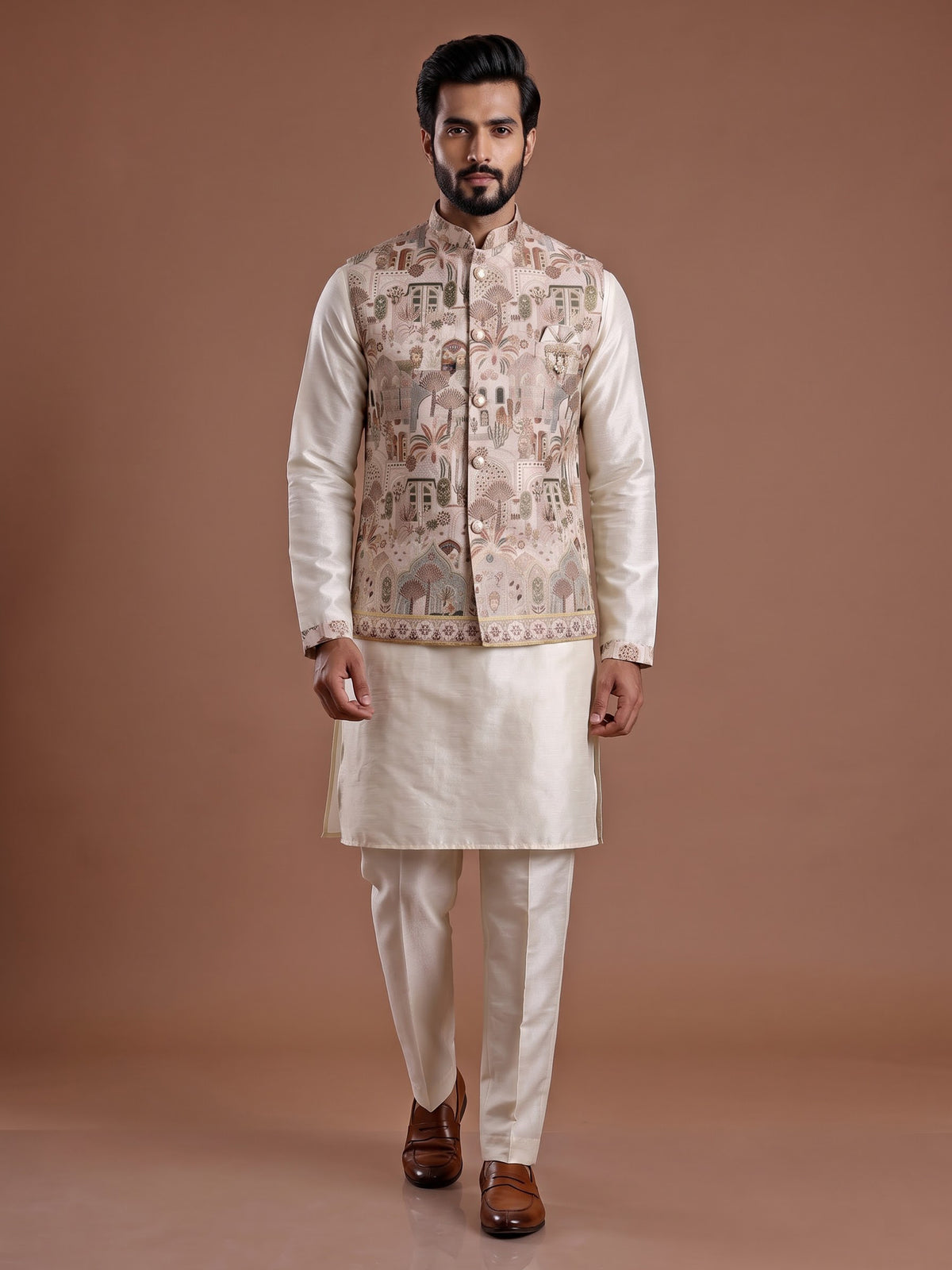 Cream silk heritage waistcoat set with scenic embroidered motifs