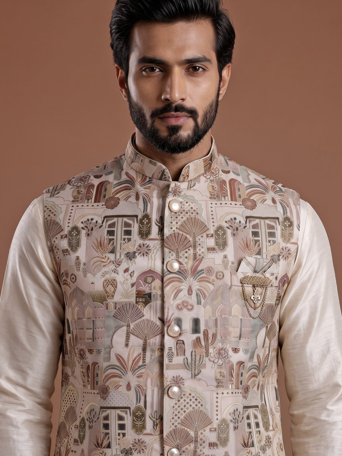 Cream silk heritage waistcoat set with scenic embroidered motifs