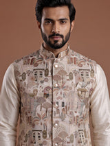 Cream silk heritage waistcoat set with scenic embroidered motifs