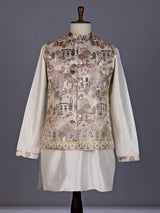 Cream silk heritage waistcoat set with scenic embroidered motifs