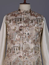 Cream silk heritage waistcoat set with scenic embroidered motifs