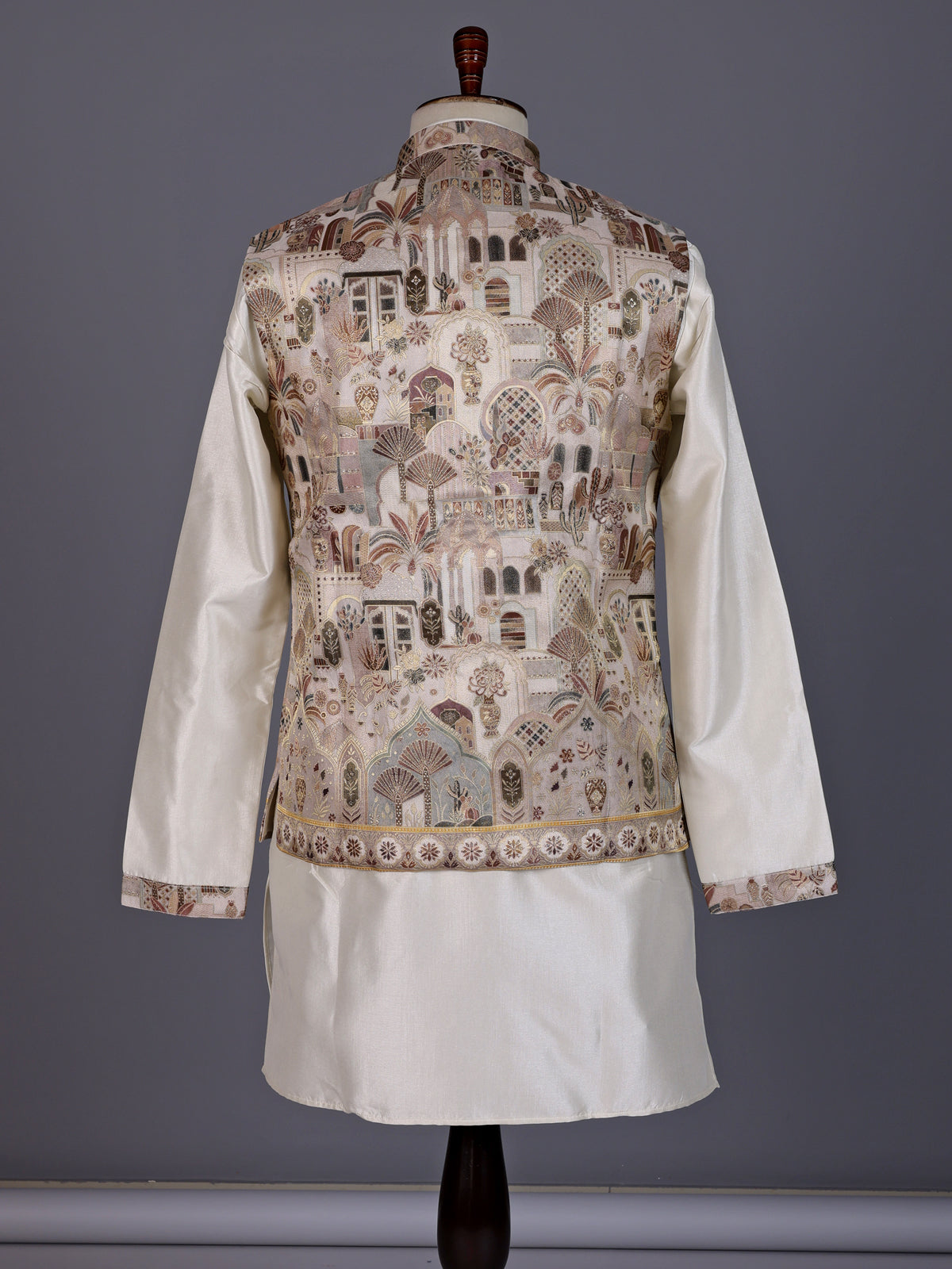 Cream silk heritage waistcoat set with scenic embroidered motifs