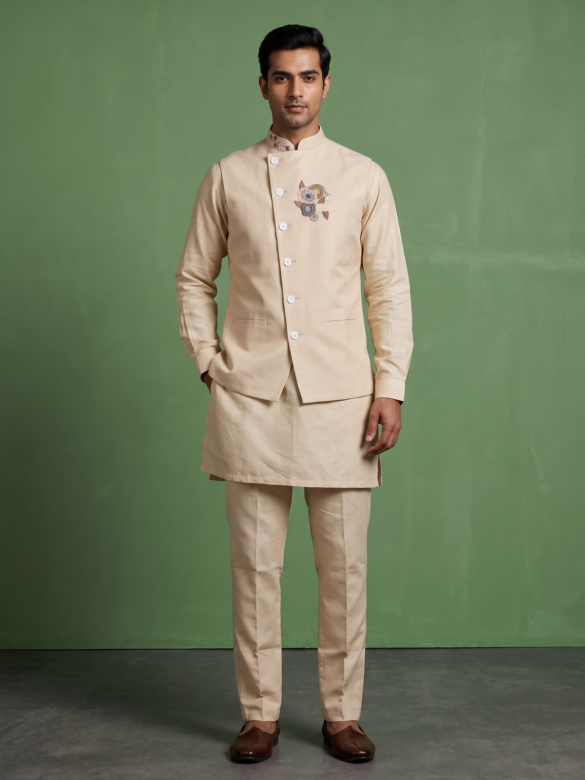 Beige linen silk waistcoat set with multicolor thread stone embroidery