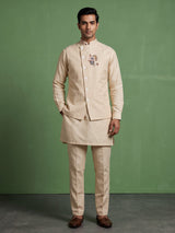 Beige linen silk waistcoat set with multicolor thread stone embroidery