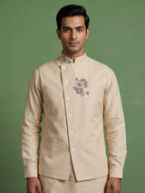 Beige linen silk waistcoat set with multicolor thread stone embroidery
