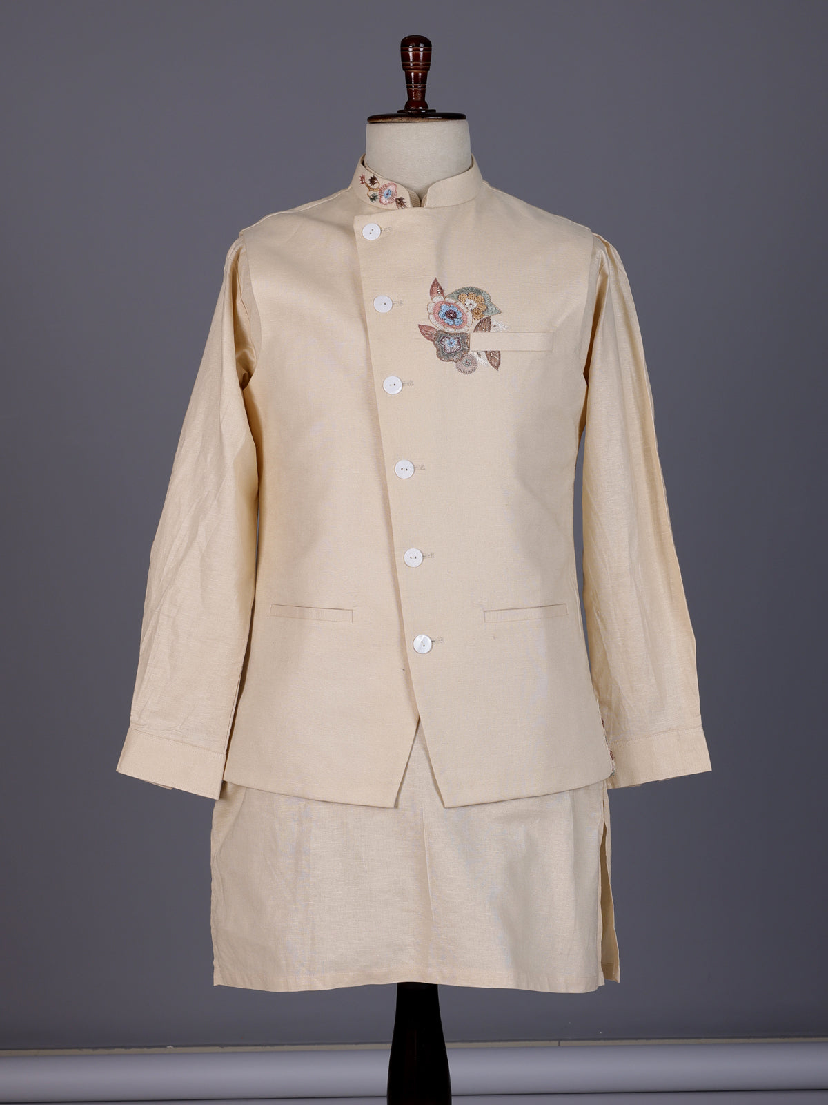 Beige linen silk waistcoat set with multicolor thread stone embroidery