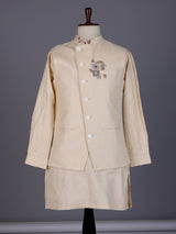 Beige linen silk waistcoat set with multicolor thread stone embroidery