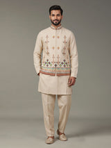 Beige printed silk waistcoat set with multicolor floral embellishments