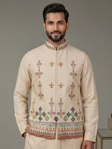 Beige printed silk waistcoat set with multicolor floral embellishments