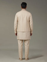Beige printed silk waistcoat set with multicolor floral embellishments