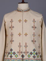 Beige printed silk waistcoat set with multicolor floral embellishments