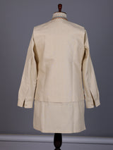 Beige printed silk waistcoat set with multicolor floral embellishments