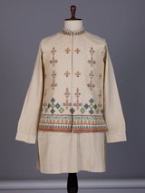 Beige printed silk waistcoat set with multicolor floral embellishments