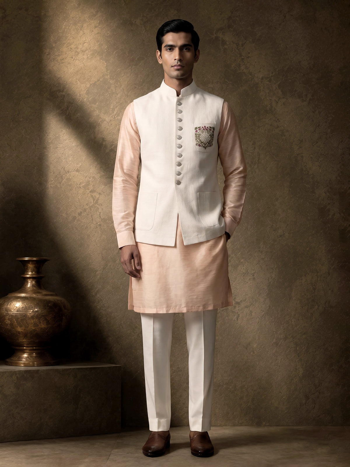 Peach and cream cotton silk waistcoat set with royal crest work