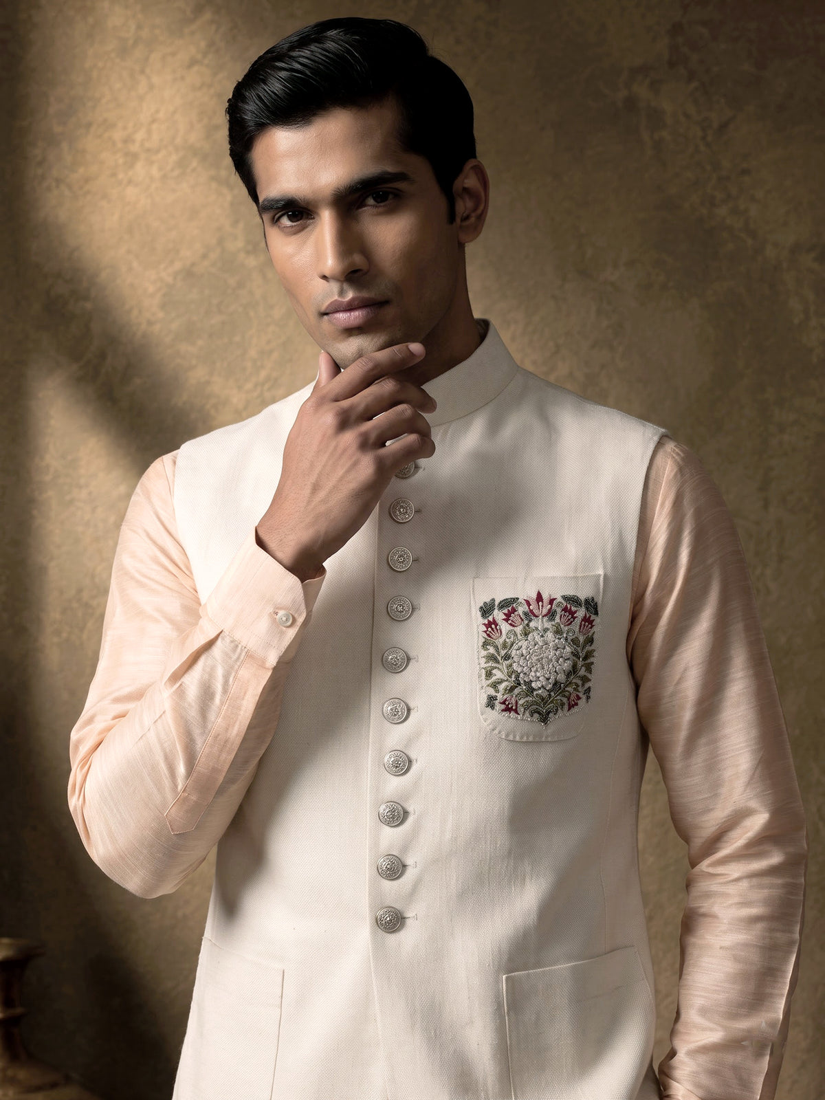 Peach and cream cotton silk waistcoat set with royal crest work