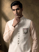 Peach and cream cotton silk waistcoat set with royal crest work