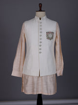 Peach and cream cotton silk waistcoat set with royal crest work