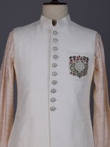Peach and cream cotton silk waistcoat set with royal crest work