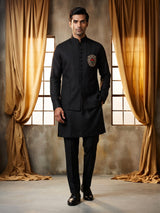 Black textured silk-blend waistcoat set with zardosi crest detailing