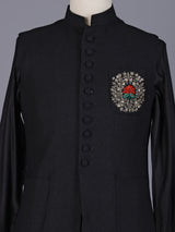 Black textured silk-blend waistcoat set with zardosi crest detailing
