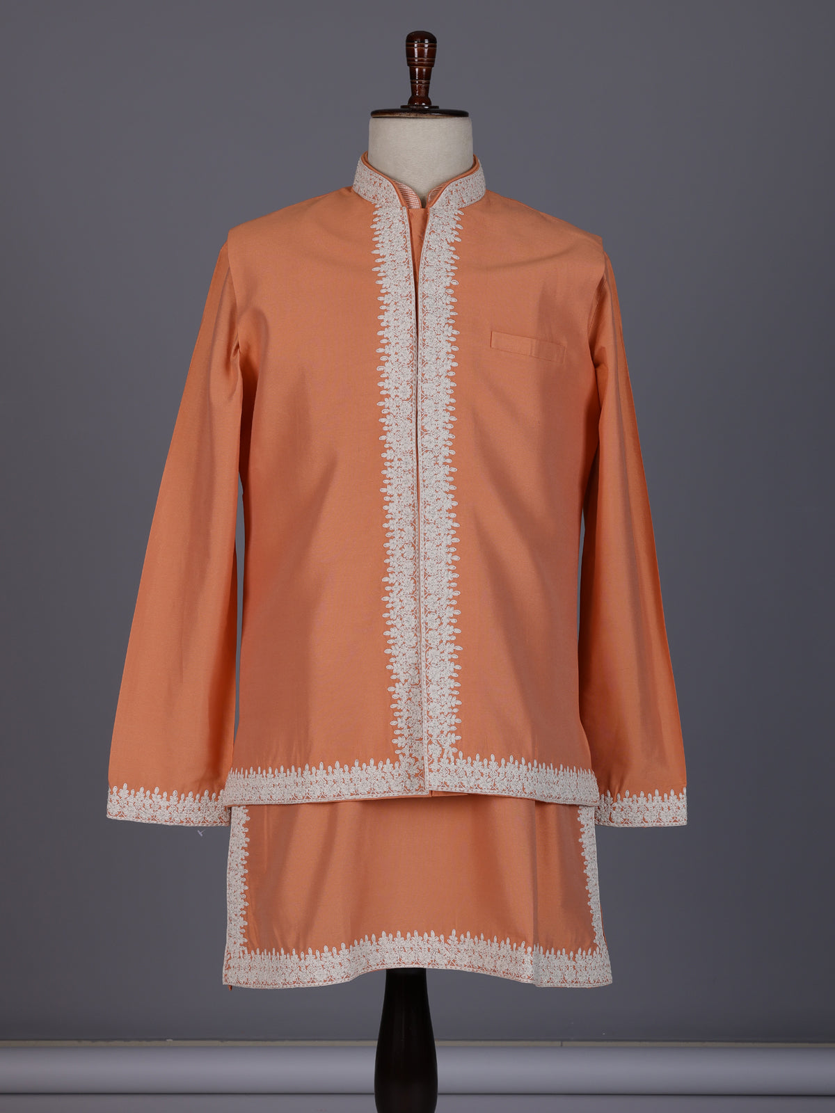 Peach silk blend waistcoat set with cutdana thread detailing