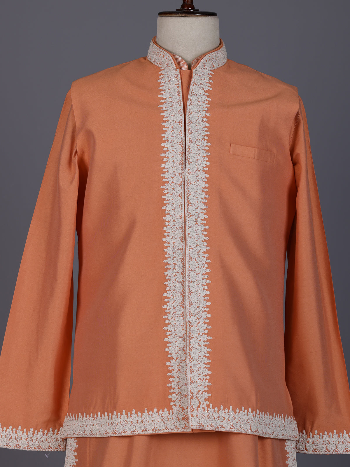Peach silk blend waistcoat set with cutdana thread detailing