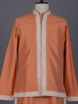 Peach silk blend waistcoat set with cutdana thread detailing