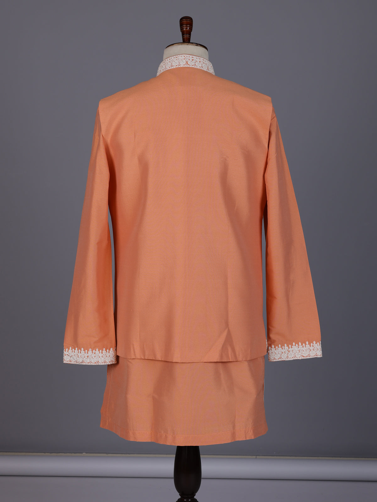 Peach silk blend waistcoat set with cutdana thread detailing