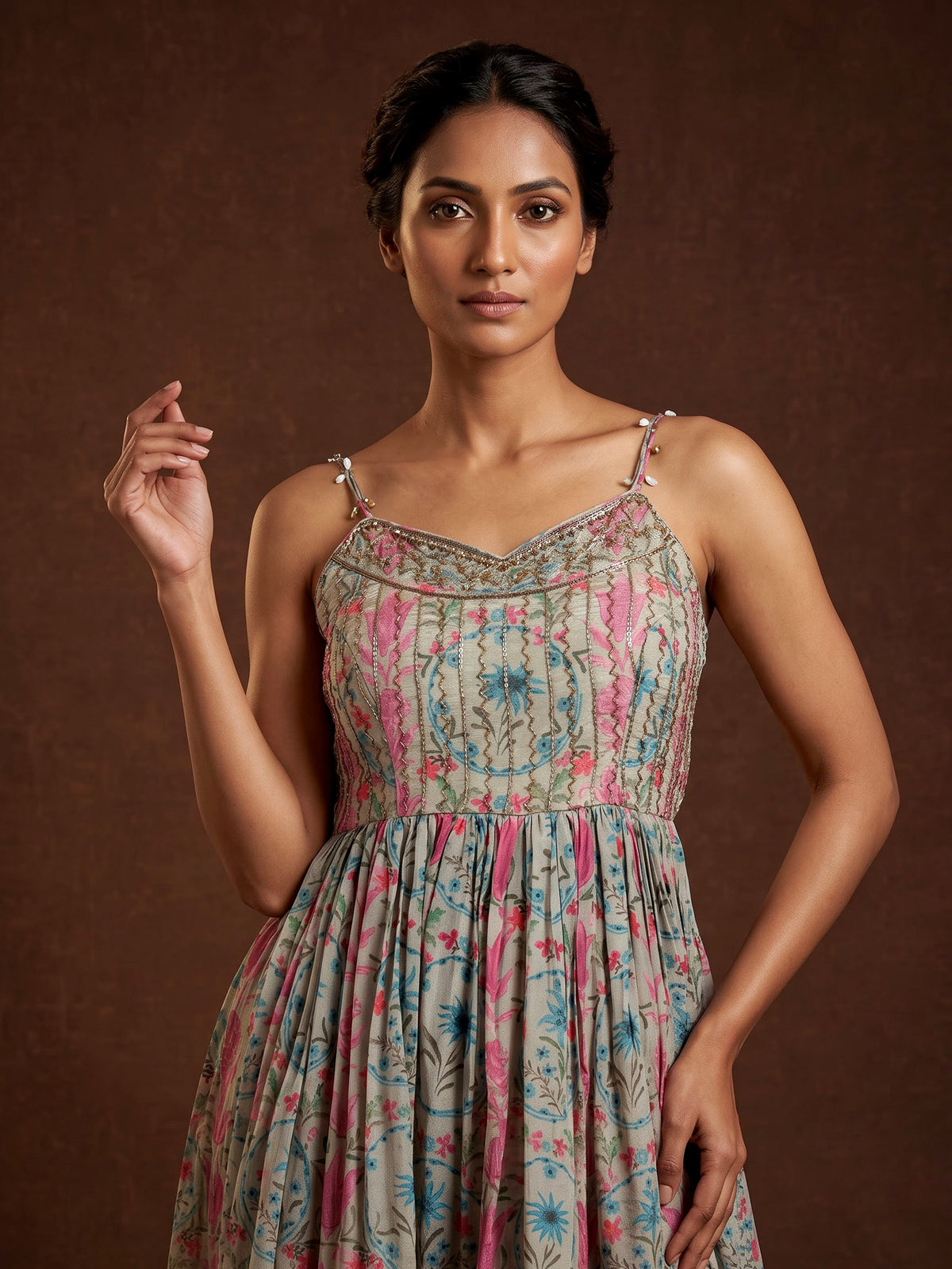 Light grey tissue organza jacket-style anarkali