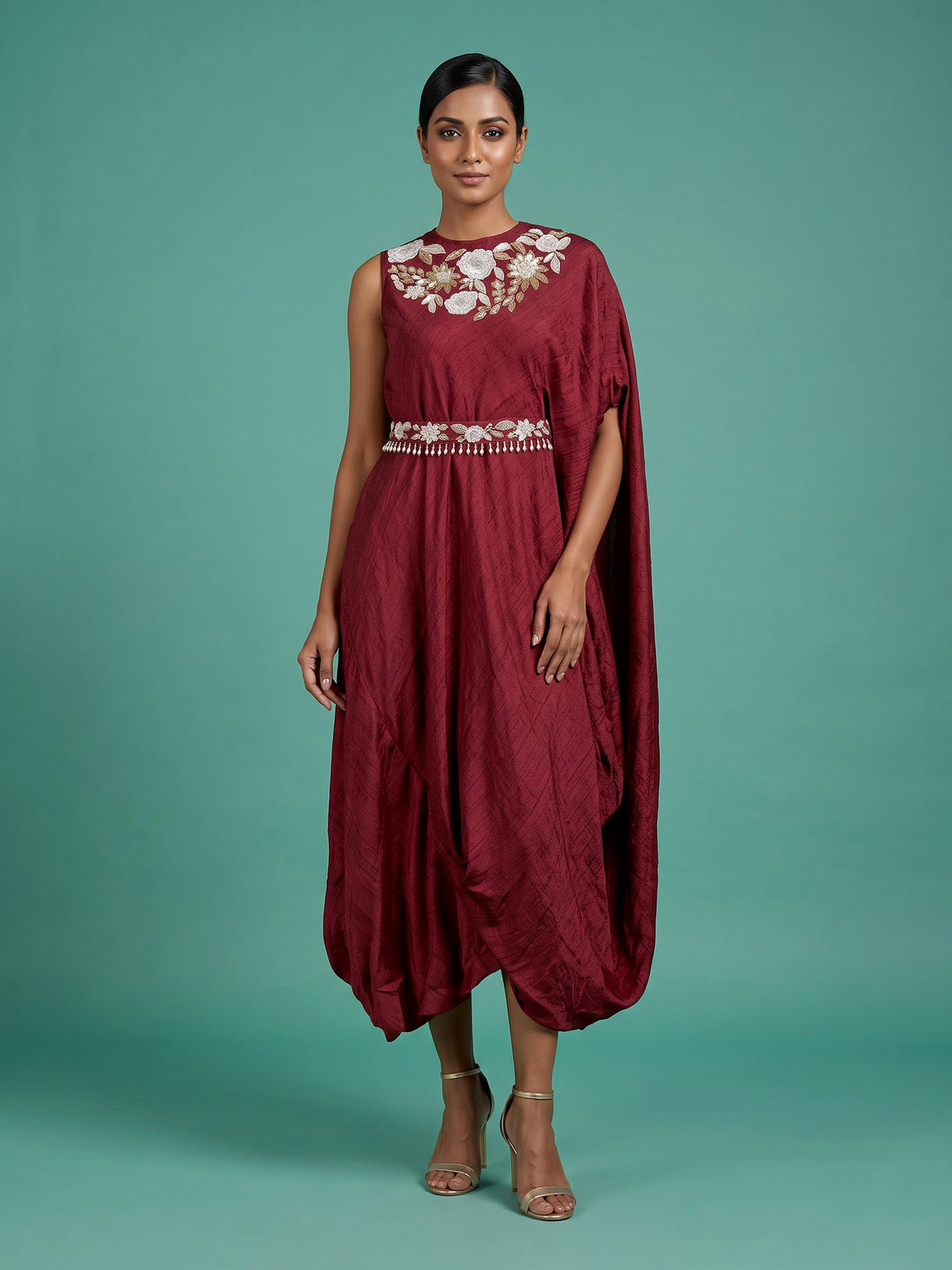 Maroon chiffon silk western-style suit with waistbelt
