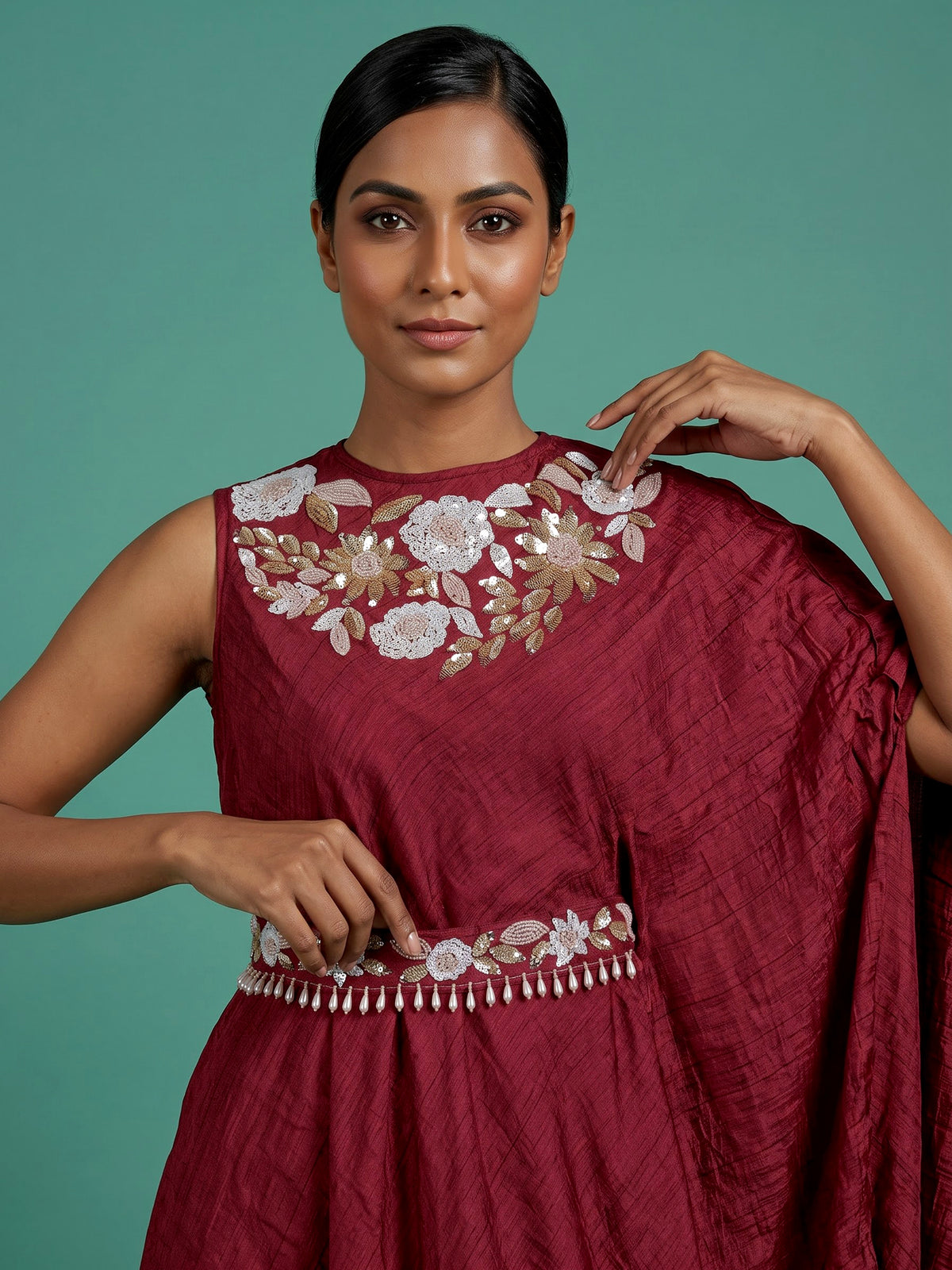 Maroon chiffon silk western-style suit with waistbelt