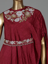 Maroon chiffon silk western-style suit with waistbelt