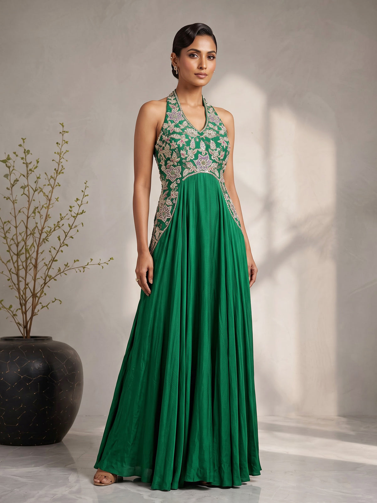 Green satin silk designer anarkali suit