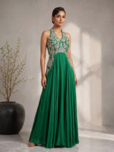 Green satin silk designer anarkali suit