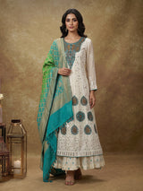Cream georgette anarkali with dupatta and lehenga