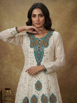 Cream georgette anarkali with dupatta and lehenga