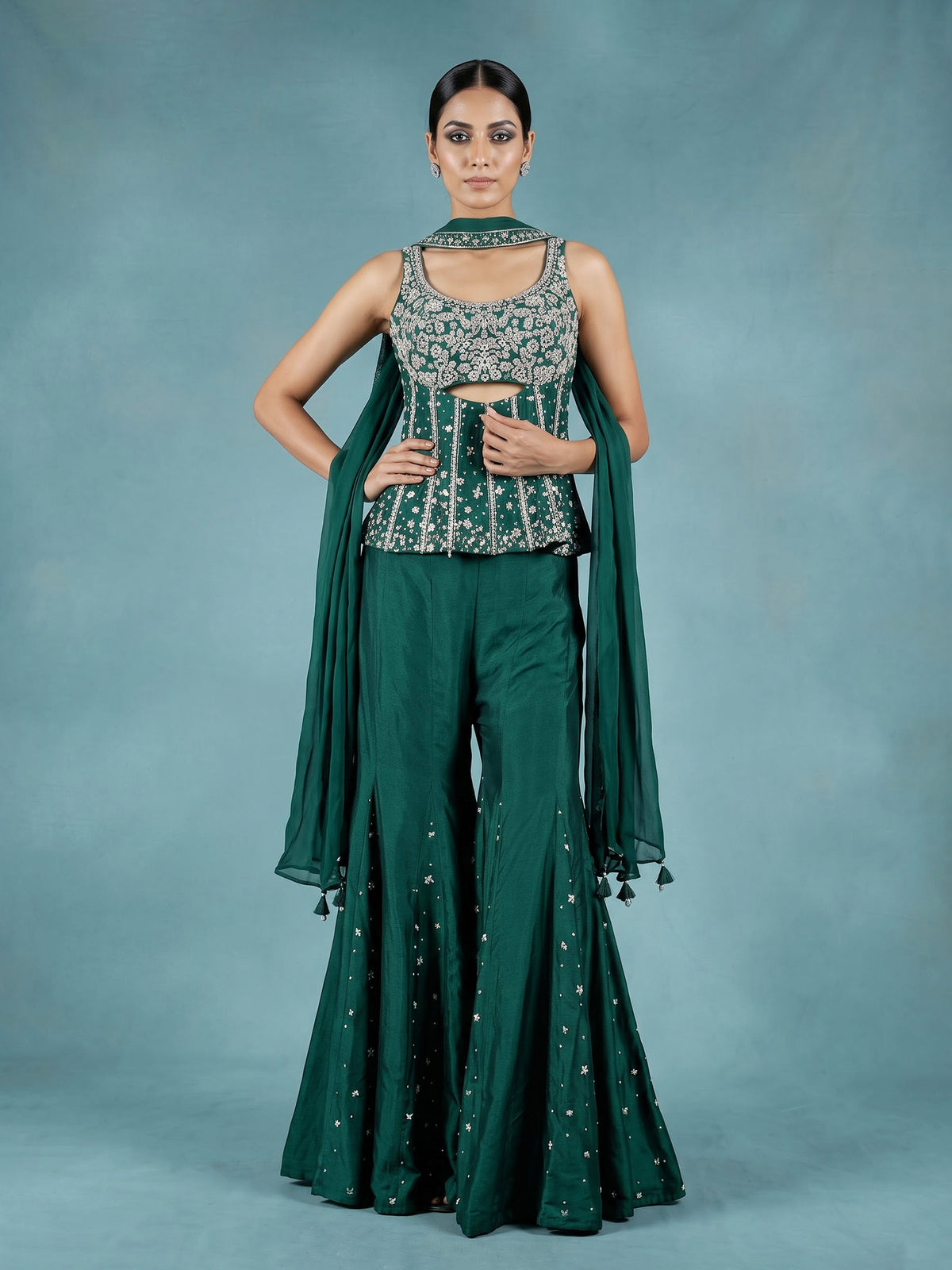 Bottle green silk designer palazzo suit