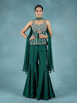 Bottle green silk designer palazzo suit