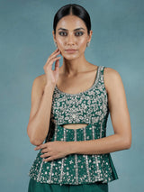 Bottle green silk designer palazzo suit