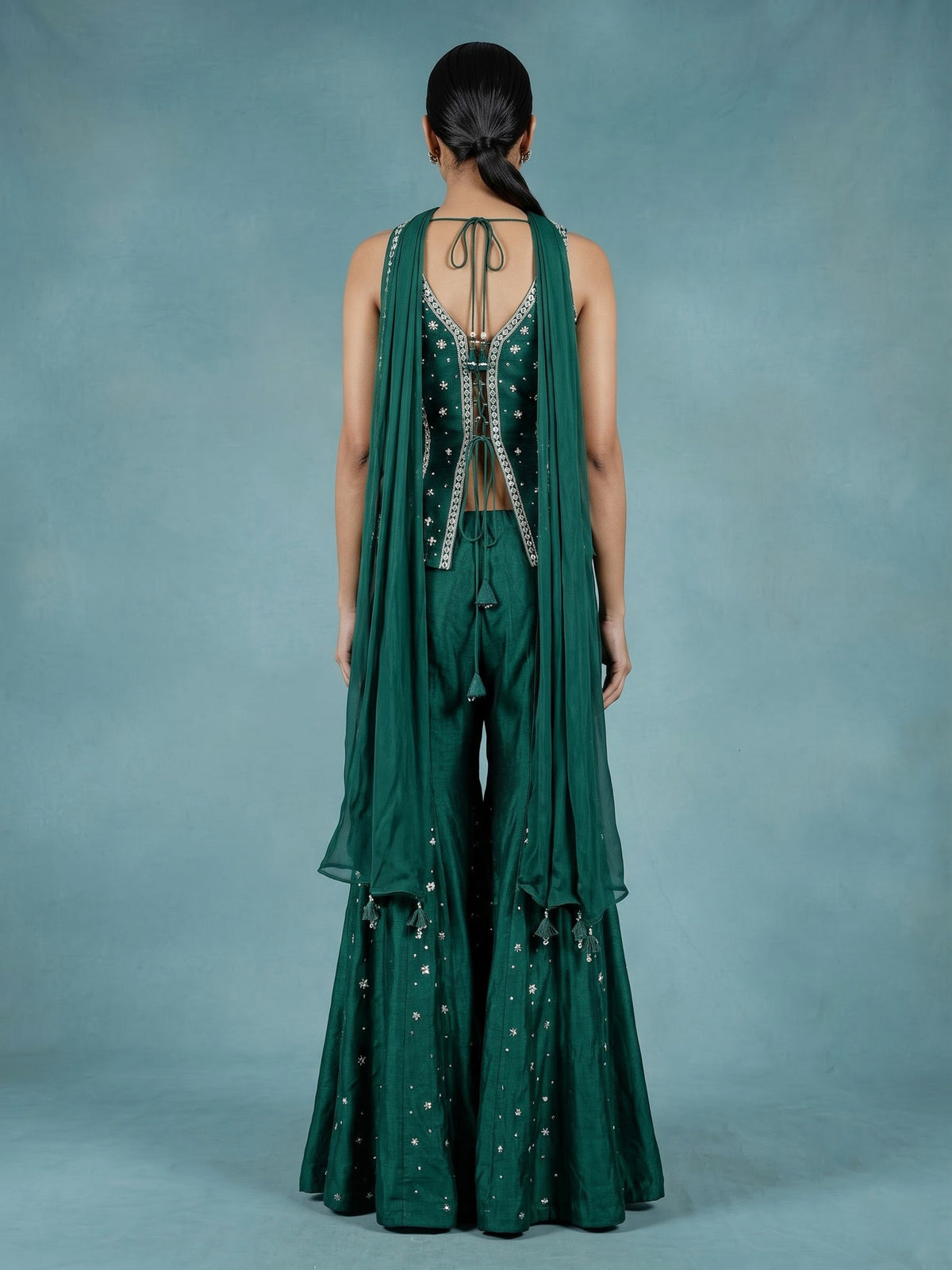Bottle green silk designer palazzo suit