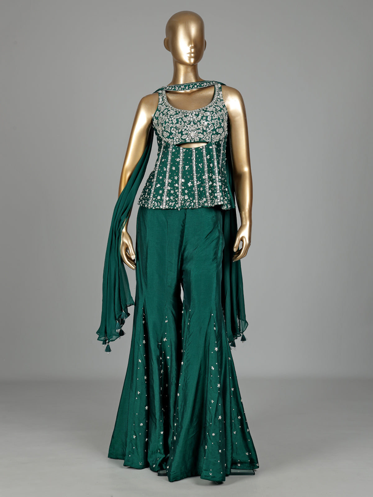 Bottle green silk designer palazzo suit