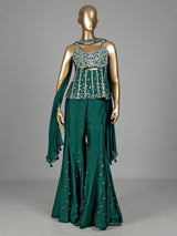 Bottle green silk designer palazzo suit