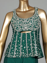 Bottle green silk designer palazzo suit