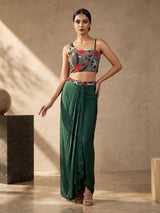 Bottle green satin crepe silk indowestern suit
