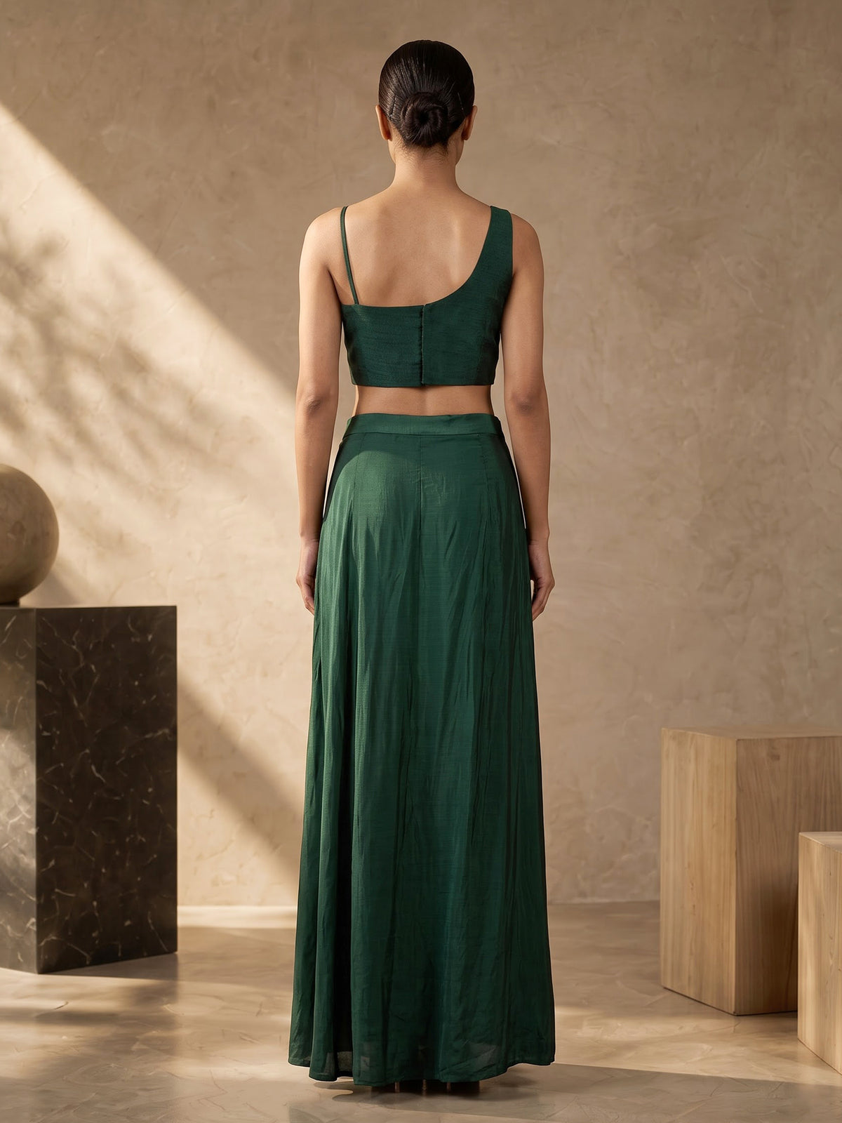 Bottle green satin crepe silk indowestern suit
