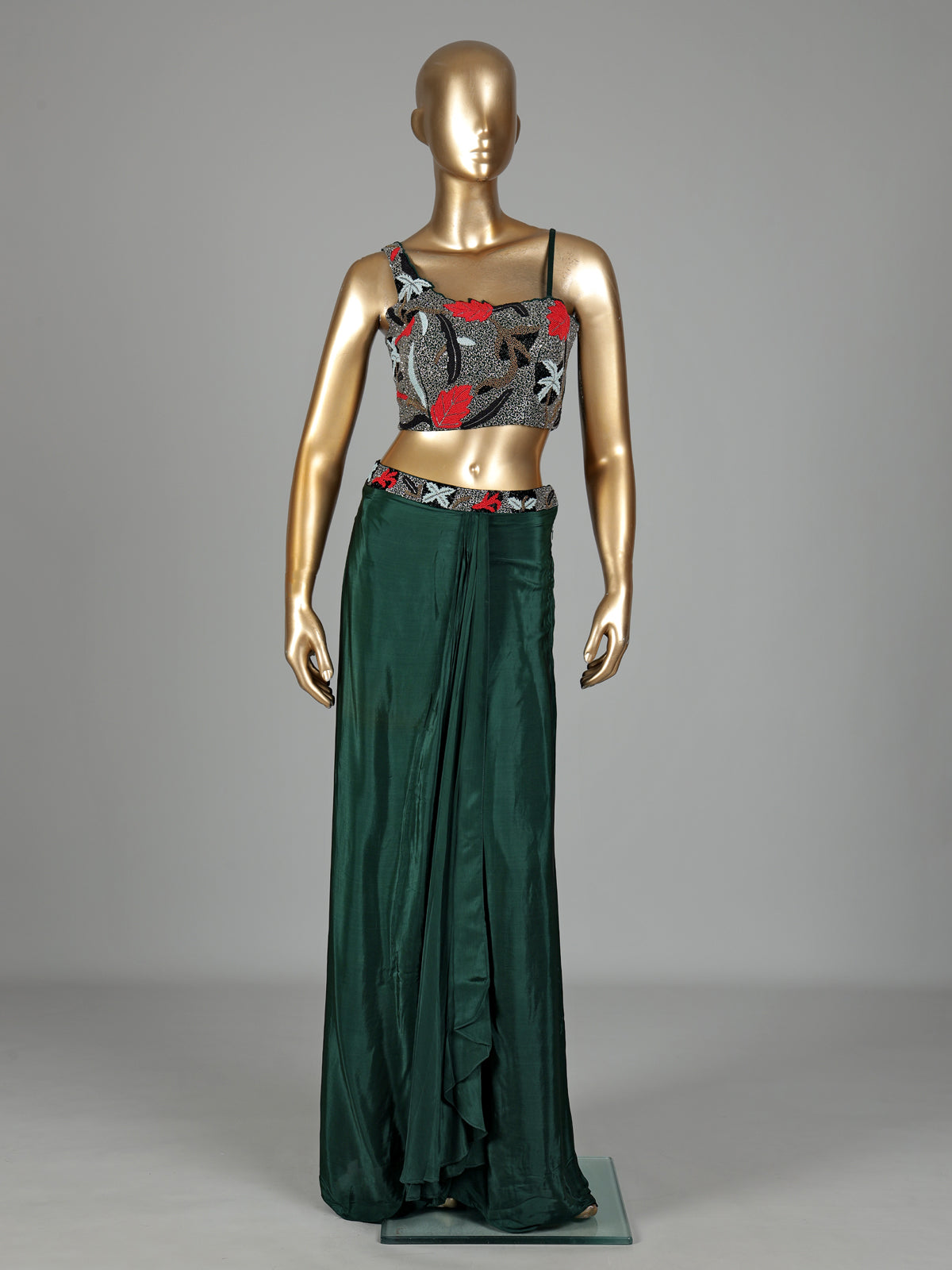 Bottle green satin crepe silk indowestern suit