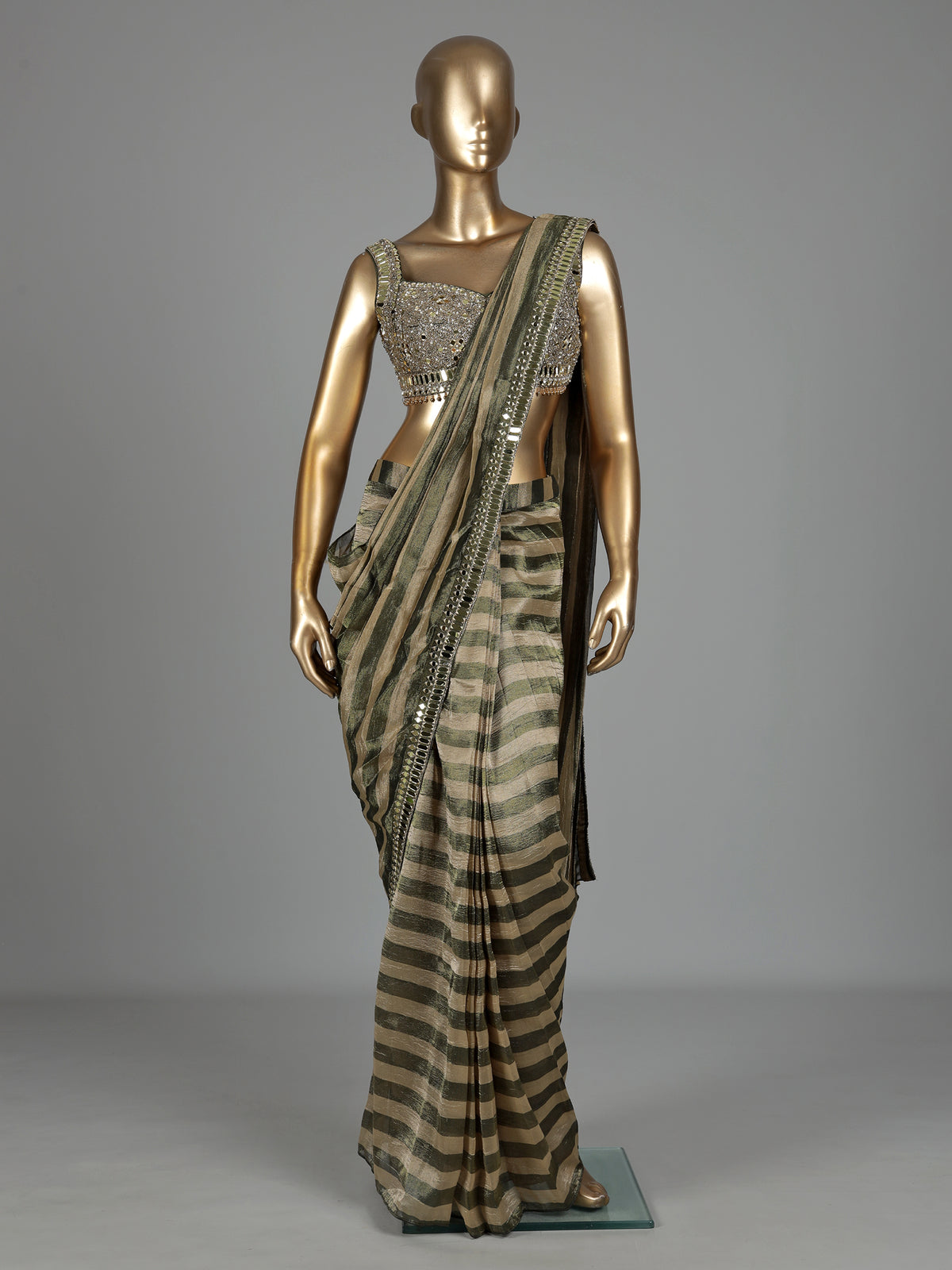 Mehendi green chiffon silk ready-to-wear saree