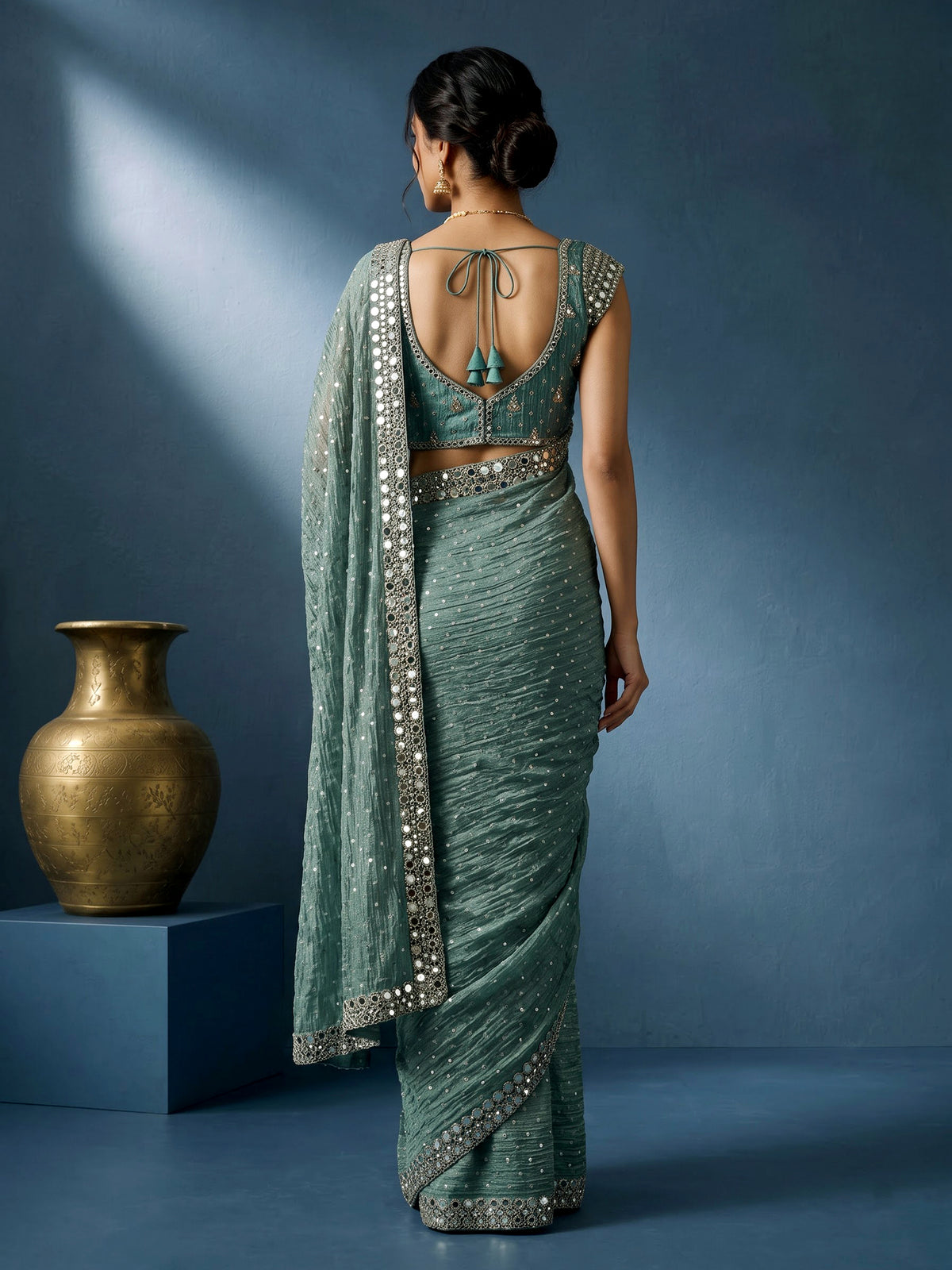 Firozi blue organza tissue ready-to-wear saree